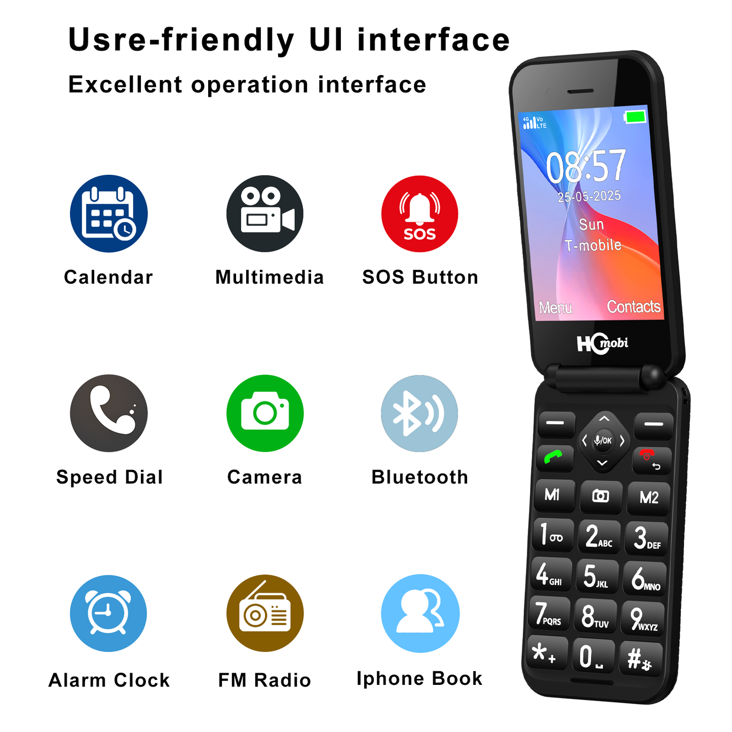 Mobile phone C8, 4G Flip Phone for Seniors,Unlocked Basic Flip Phone,2.8+1.5",SOS Button,Speed Dial,Hans-Free,Large Fonts,Big Buttons,Bluetooth,Camera,FM Radio,1400mAh Battery (Black)