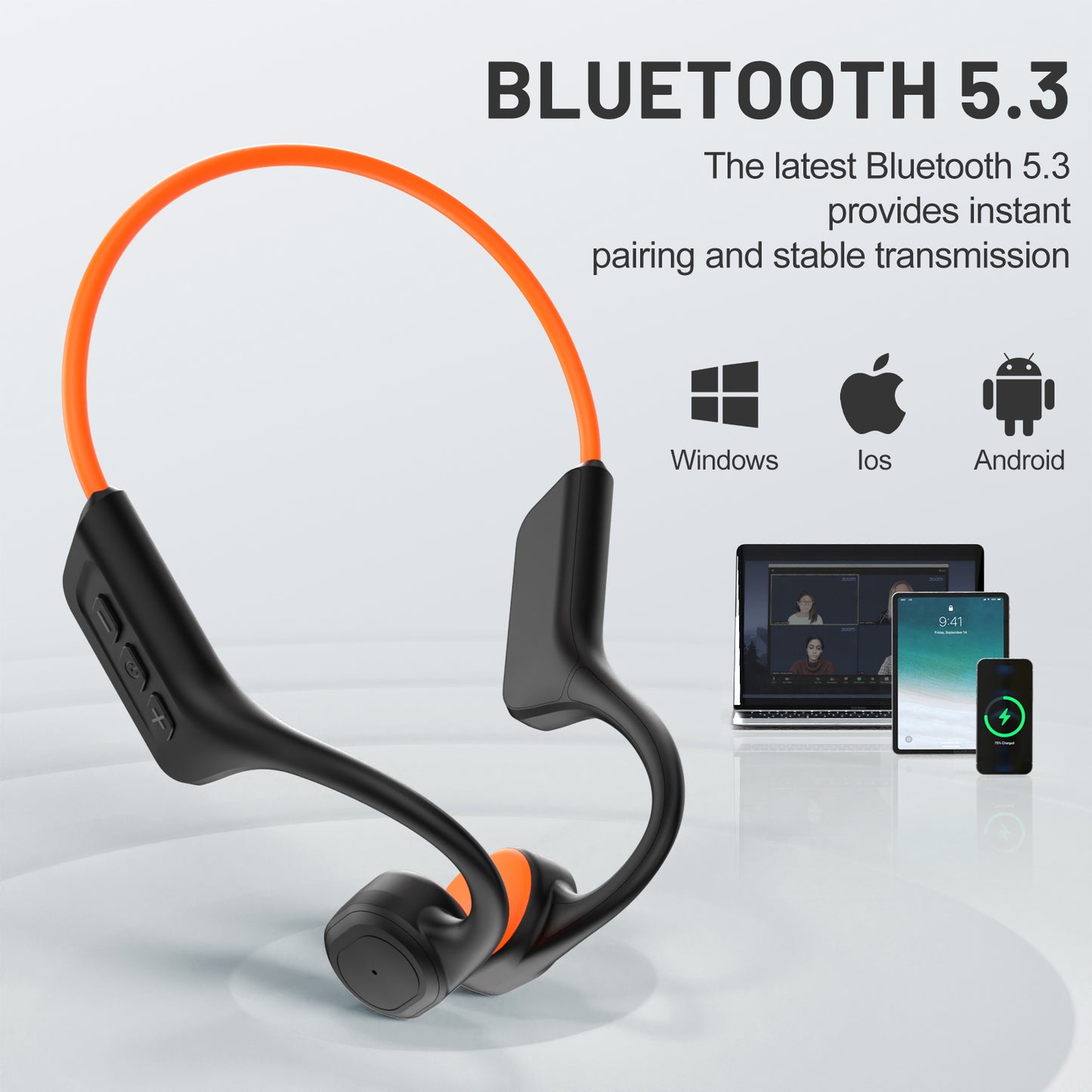 SilisoundTek S800C Bone Conduction Headphones, Open-Ear Bluetooth 5.3 Headphones with Mic, IPX7 Waterproof Sports Earbuds Wireless Earphones for Running Workout Cycling, 1.5 Fast Charging and 10H Working Time (Orange)
